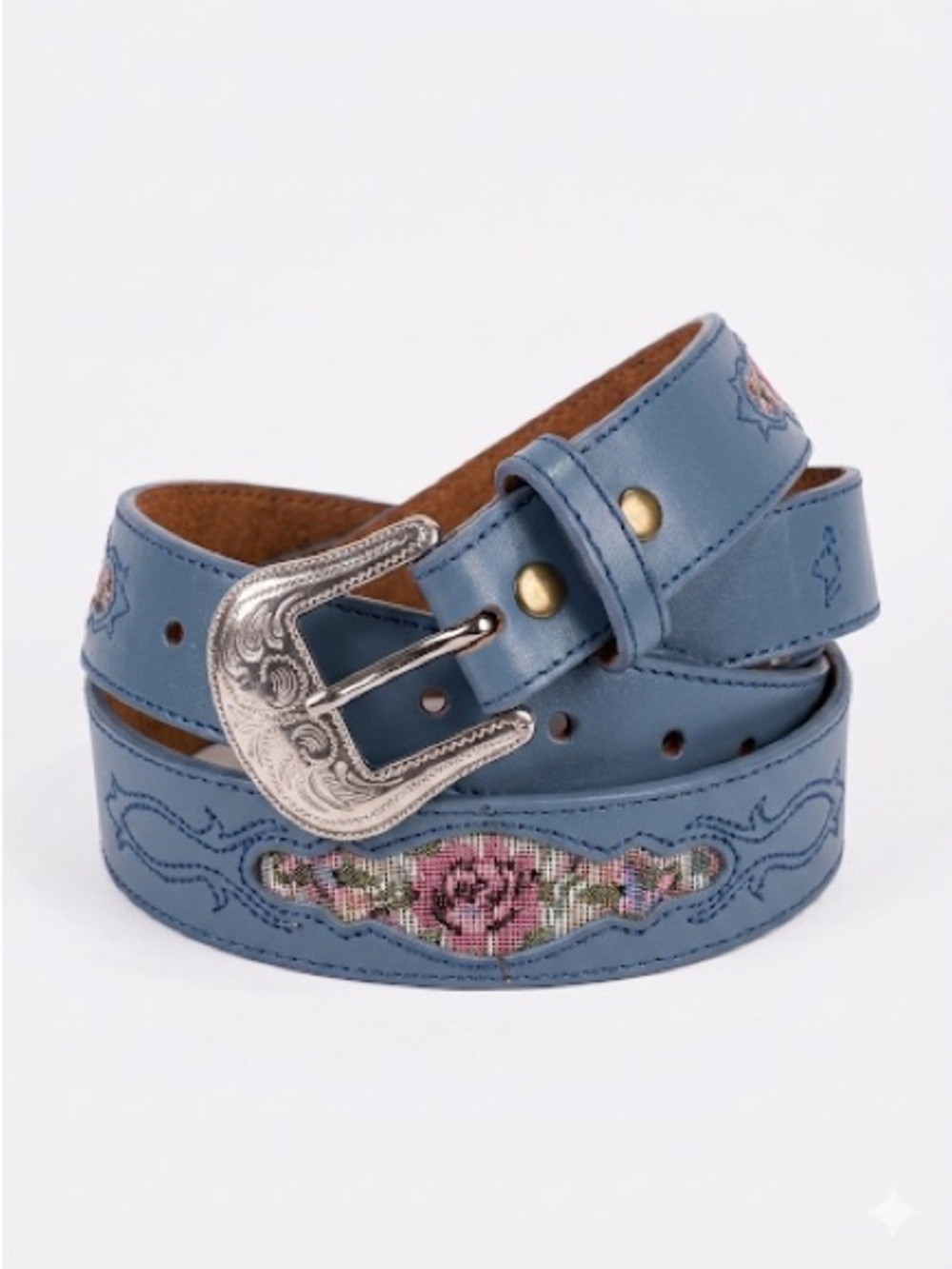 Silver Creek Collection Western Belt Floral Tapestry Inlay Leather Blue Size 32